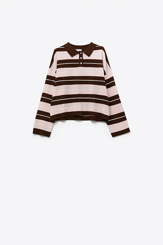 brown Striped Knit Polo Sweater with Buttoned Collar - BROWN / ONE - Sweaters