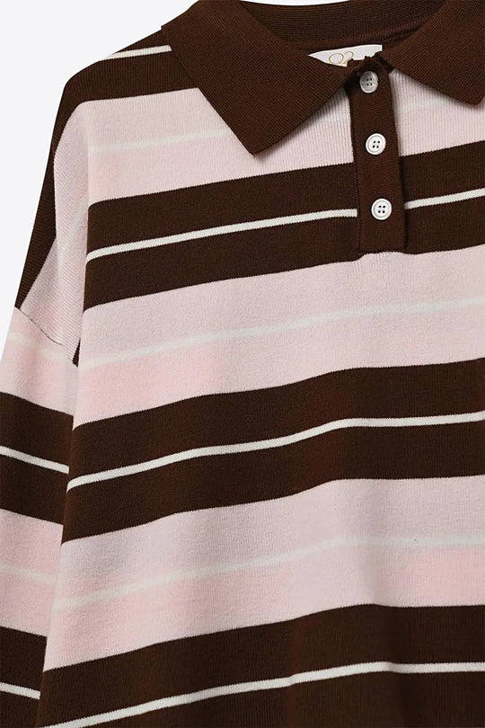 brown Striped Knit Polo Sweater with Buttoned Collar - BROWN / ONE - Sweaters