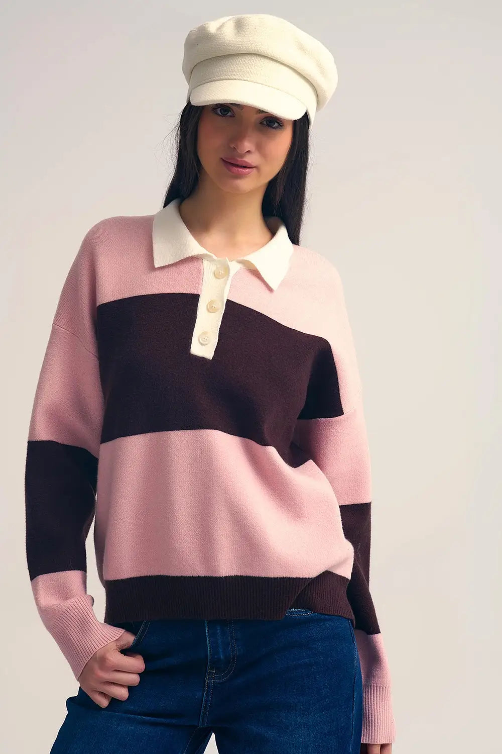 Pink Knit Polo Sweater with Brown Stripes - PINK / ONE - Sweaters