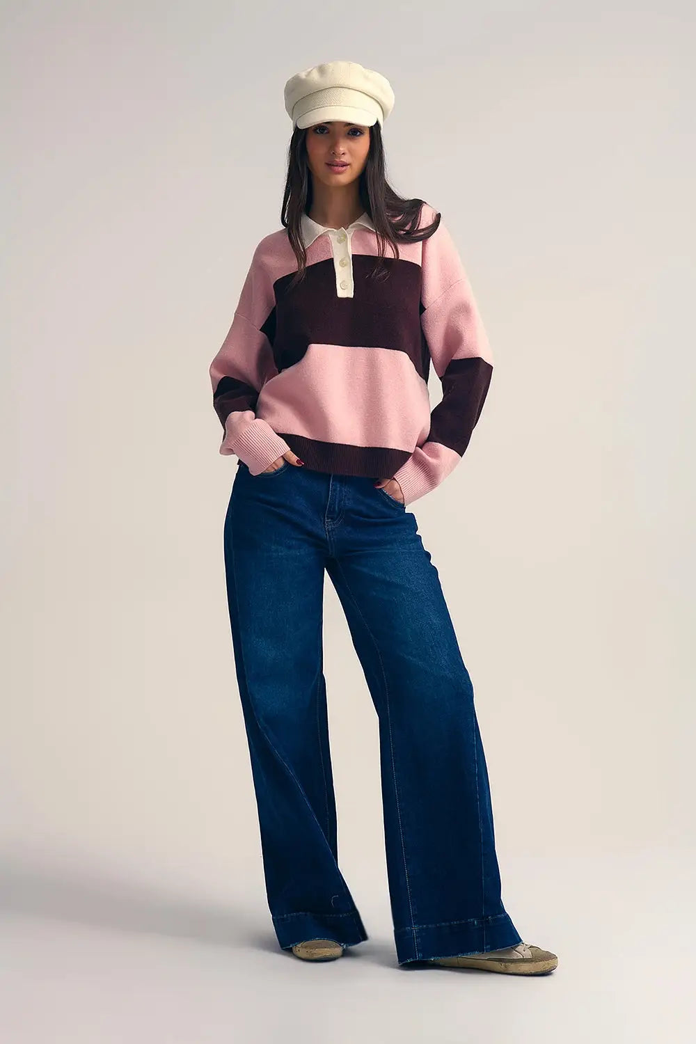 Pink Knit Polo Sweater with Brown Stripes - PINK / ONE - Sweaters