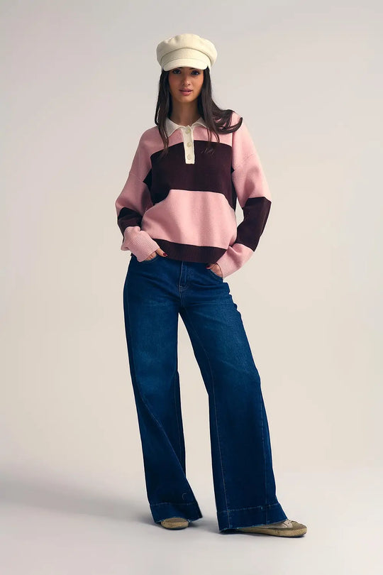 Pink Knit Polo Sweater with Brown Stripes - PINK / ONE - Sweaters