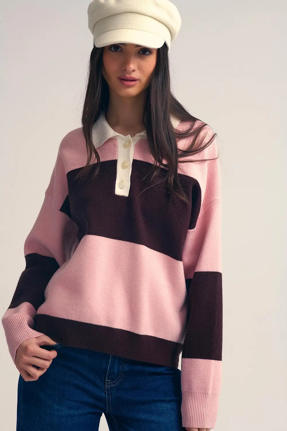 Pink Knit Polo Sweater with Brown Stripes - PINK / ONE - Sweaters