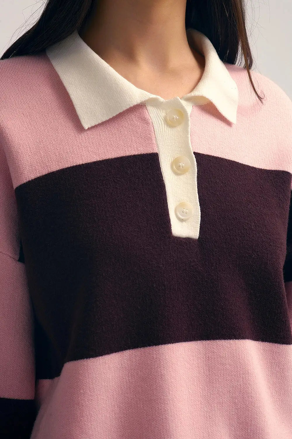 Pink Knit Polo Sweater with Brown Stripes - PINK / ONE - Sweaters