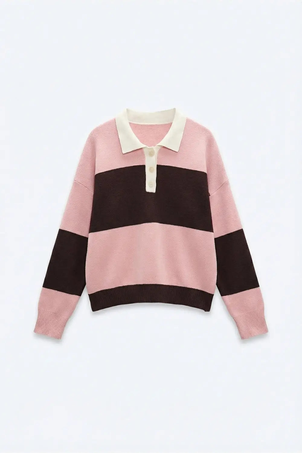 Pink Knit Polo Sweater with Brown Stripes - PINK / ONE - Sweaters