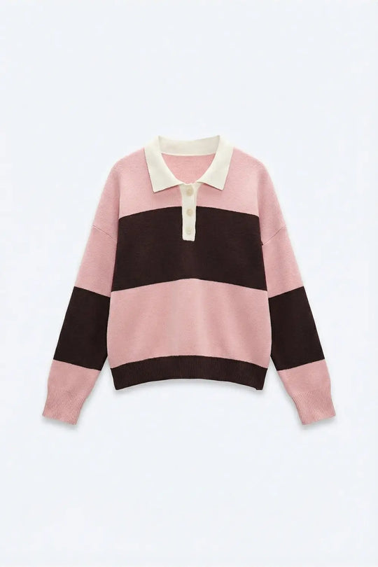 Pink Knit Polo Sweater with Brown Stripes - PINK / ONE - Sweaters