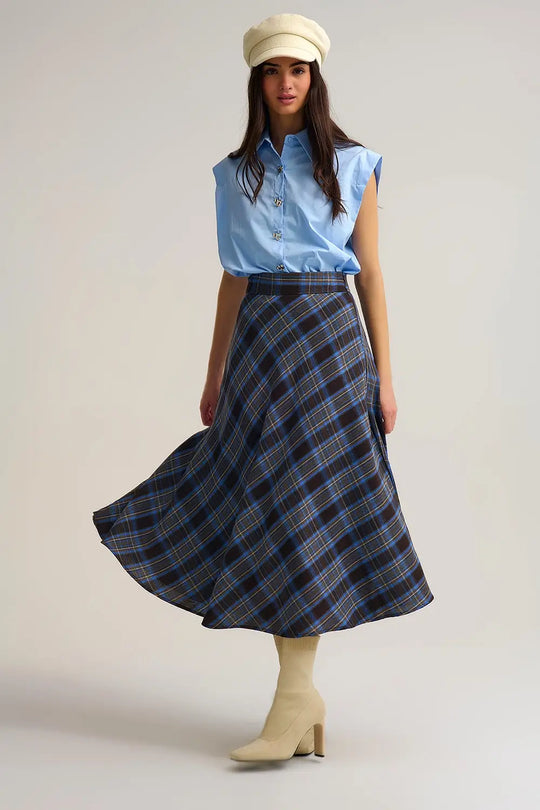 Brown Check High-Waisted Midi Skirt - Skirts