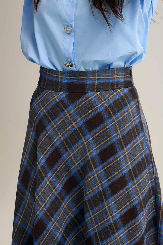 Brown Check High-Waisted Midi Skirt - Skirts