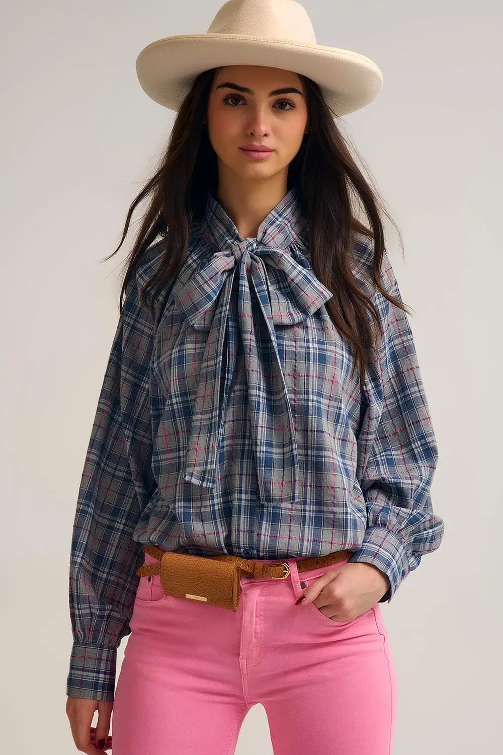 Blue blouse with check print and bow detail at the neck - Shirts