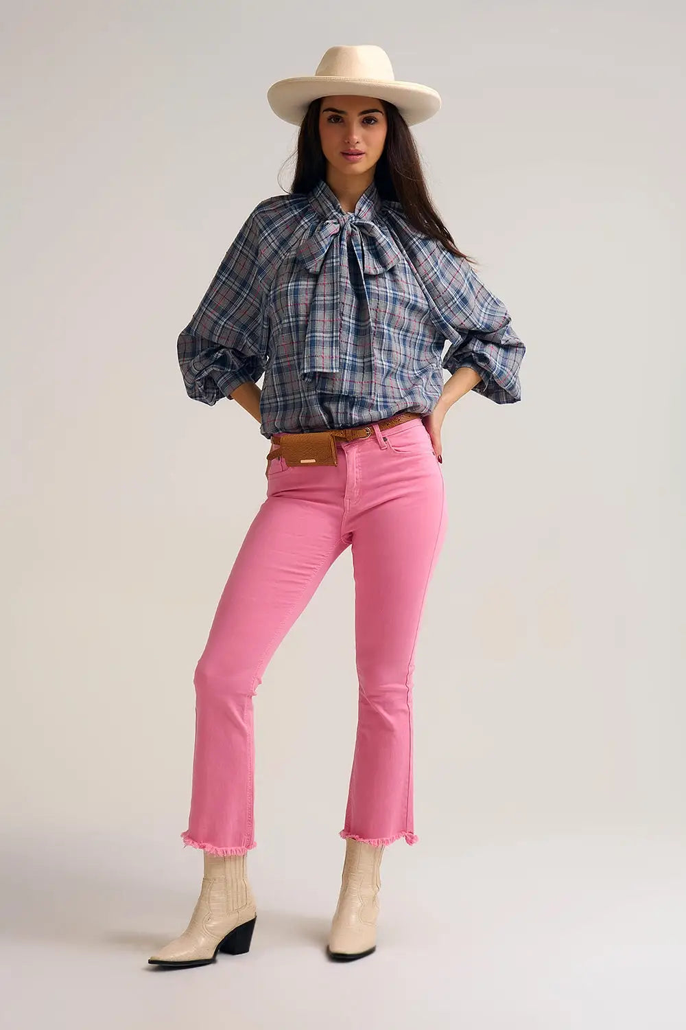 Blue blouse with check print and bow detail at the neck - Shirts