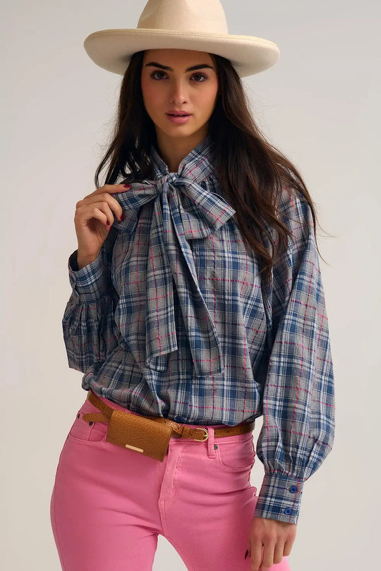 Blue blouse with check print and bow detail at the neck - Shirts