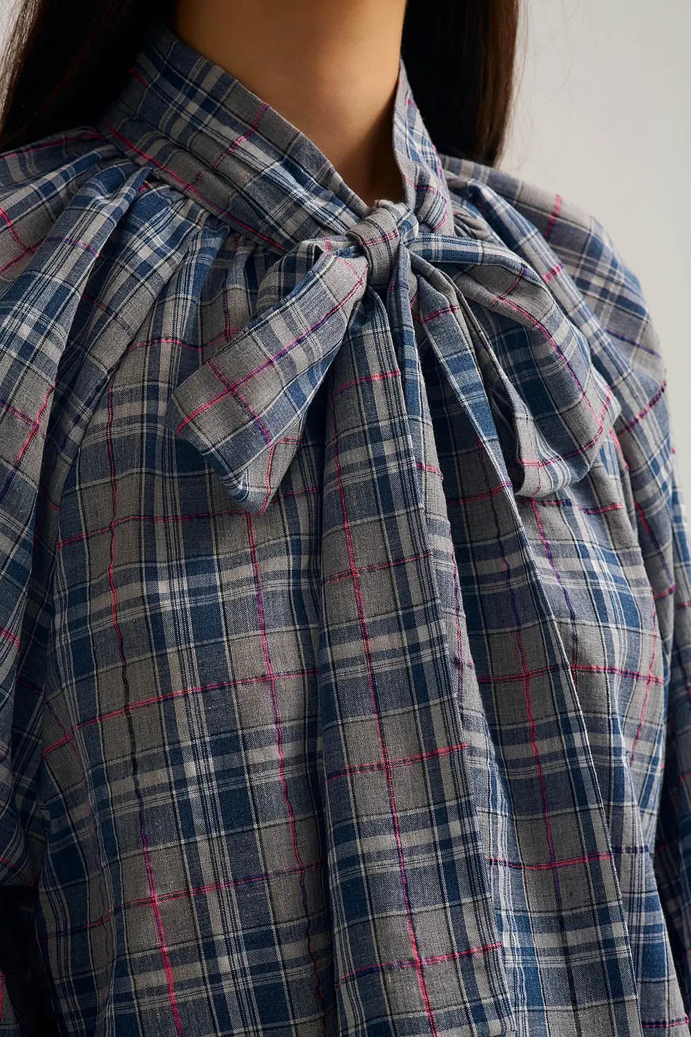 Blue blouse with check print and bow detail at the neck - Shirts