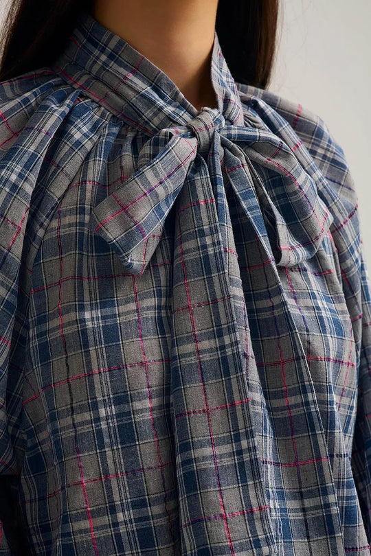 Blue blouse with check print and bow detail at the neck - Shirts