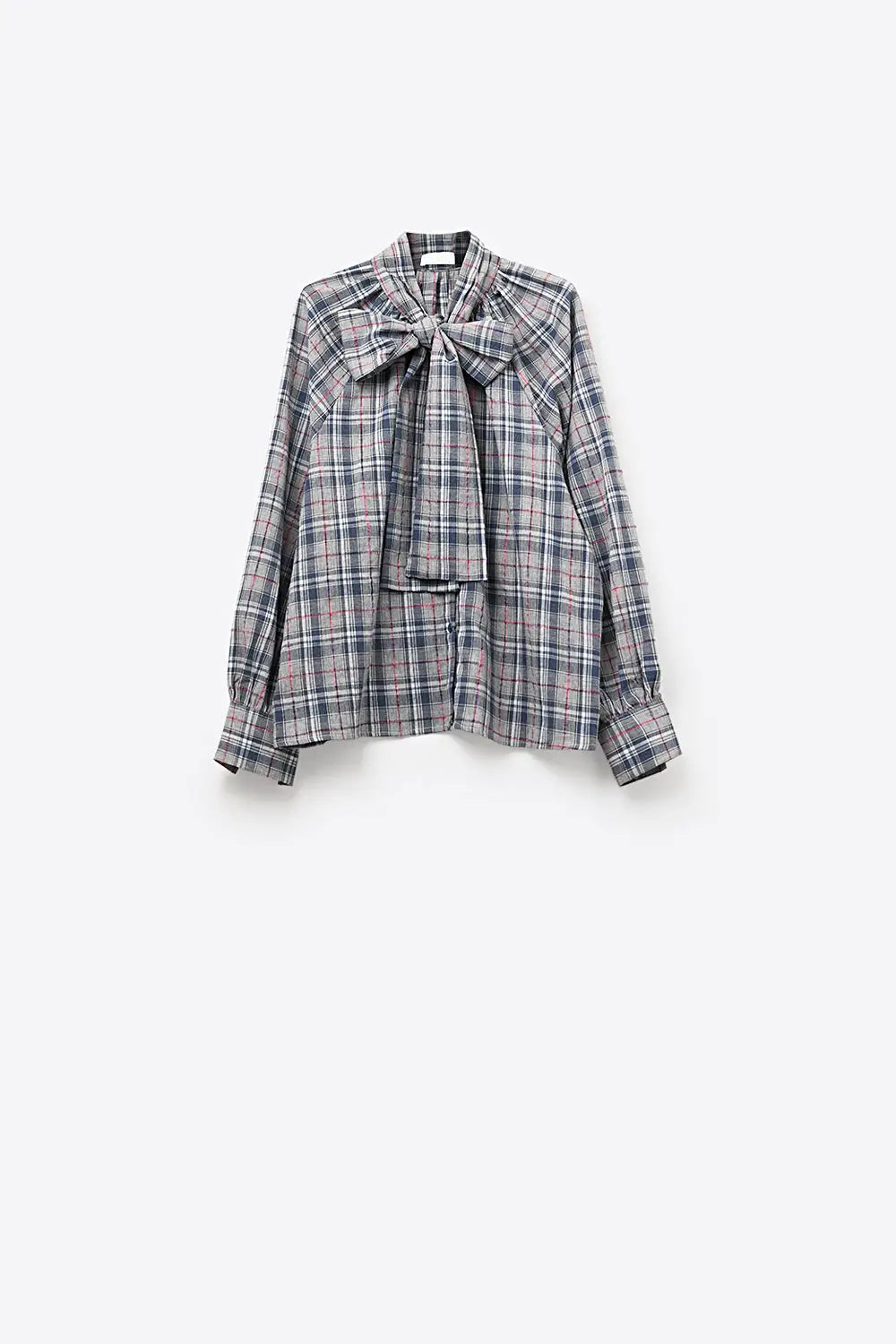 Blue blouse with check print and bow detail at the neck - Shirts