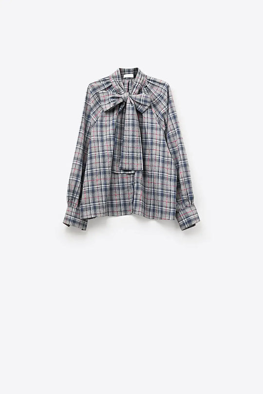 Blue blouse with check print and bow detail at the neck - Shirts