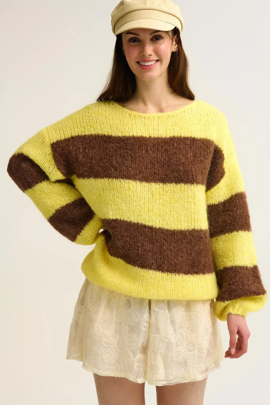 Yellow Fluffy Striped Knit Sweater with Balloon Sleeves - YELLOW / ONE - Sweaters