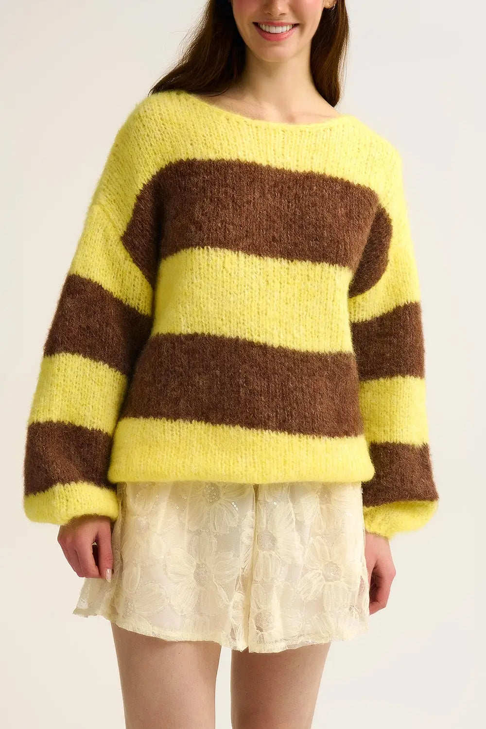 Yellow Fluffy Striped Knit Sweater with Balloon Sleeves - YELLOW / ONE - Sweaters