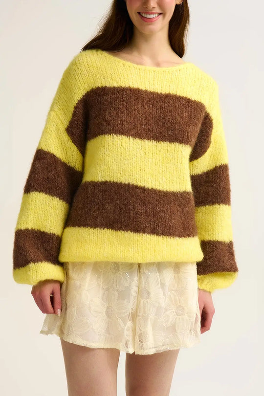 Yellow Fluffy Striped Knit Sweater with Balloon Sleeves - YELLOW / ONE - Sweaters