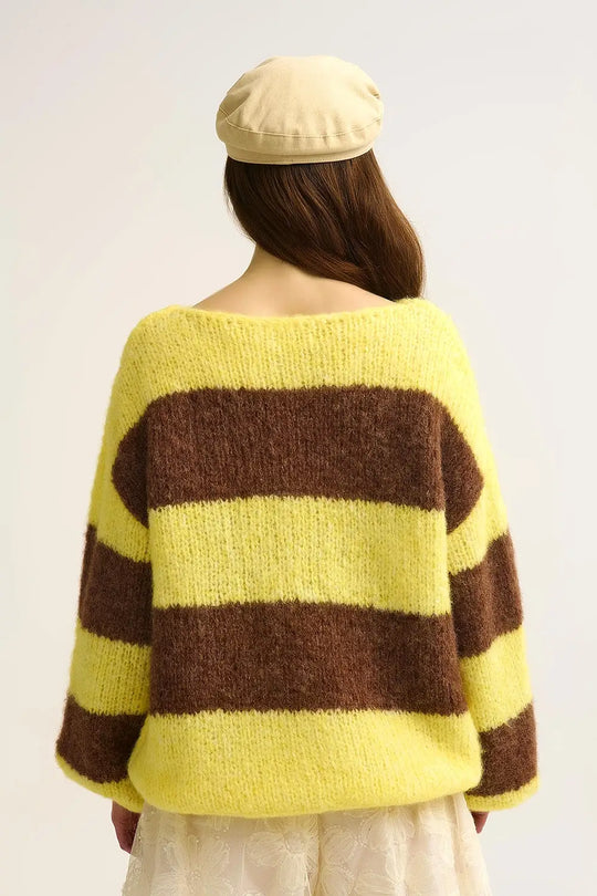Yellow Fluffy Striped Knit Sweater with Balloon Sleeves - YELLOW / ONE - Sweaters