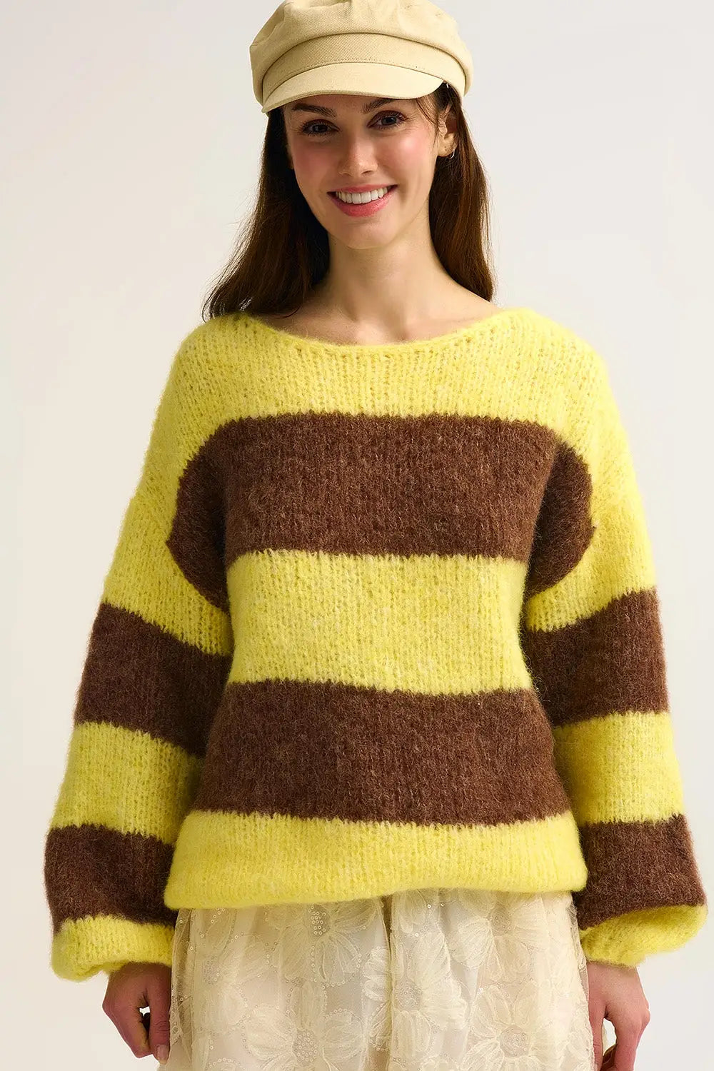Yellow Fluffy Striped Knit Sweater with Balloon Sleeves - YELLOW / ONE - Sweaters