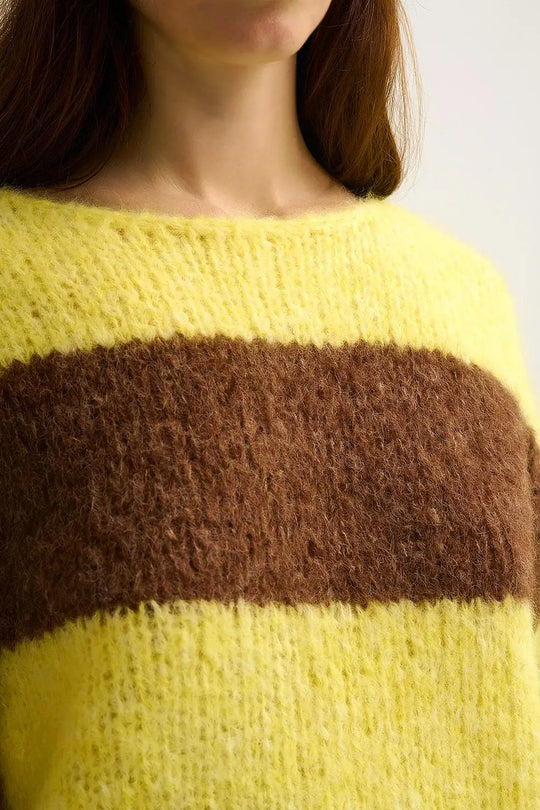 Yellow Fluffy Striped Knit Sweater with Balloon Sleeves - YELLOW / ONE - Sweaters