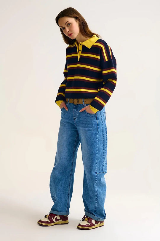 Yellow Striped Knit Polo Sweater with Relaxed Fit - YELLOW / ONE - Sweaters