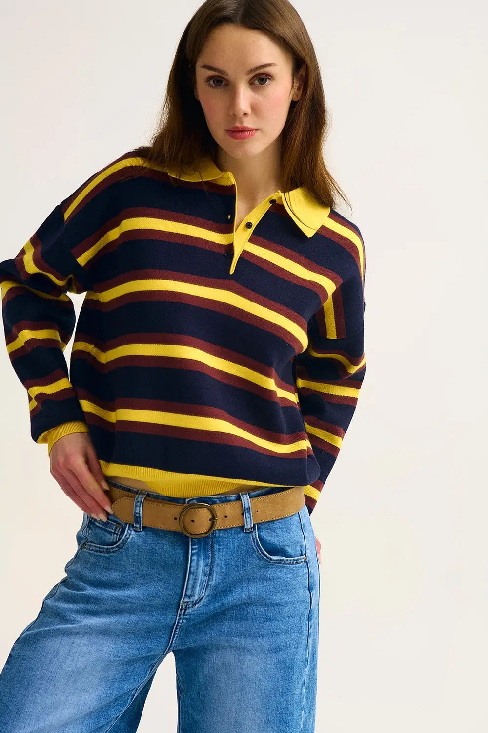 Yellow Striped Knit Polo Sweater with Relaxed Fit - YELLOW / ONE - Sweaters