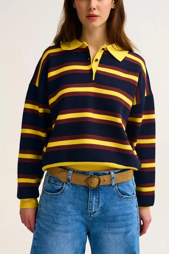 Yellow Striped Knit Polo Sweater with Relaxed Fit - YELLOW / ONE - Sweaters