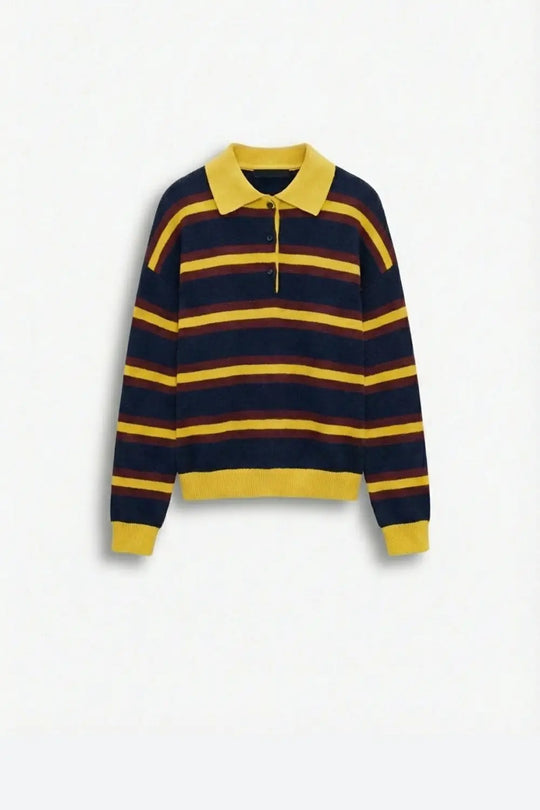 Yellow Striped Knit Polo Sweater with Relaxed Fit - YELLOW / ONE - Sweaters