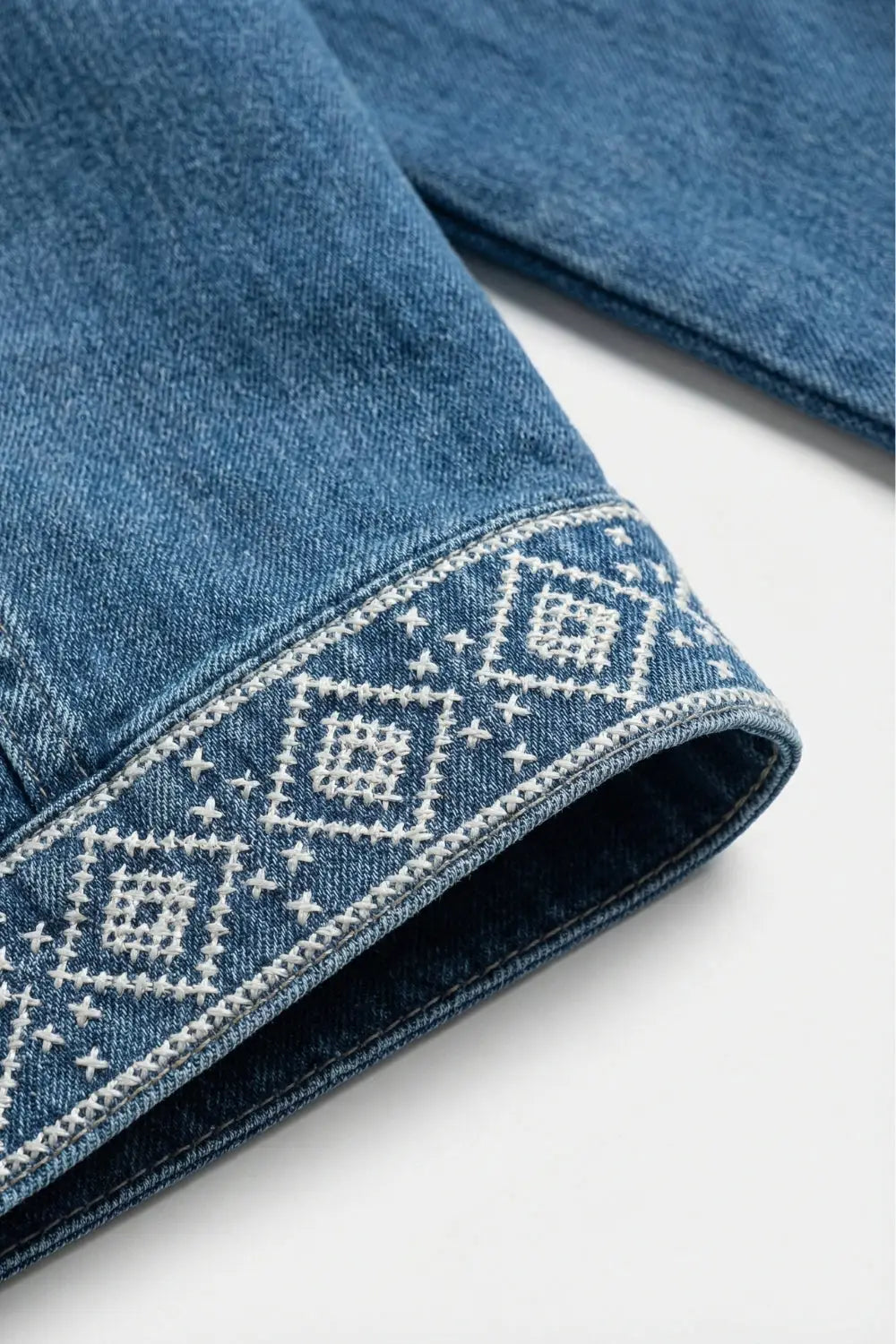 Blue Embroidered Open-Front Kimono with White Trim - Jackets