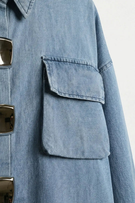 Light Wash Denim Short-Sleeve Shirt with big silver buttons - BLUE / ONE - Shirts