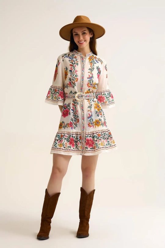 printed Floral Boho Mini Dress In white - Dresses