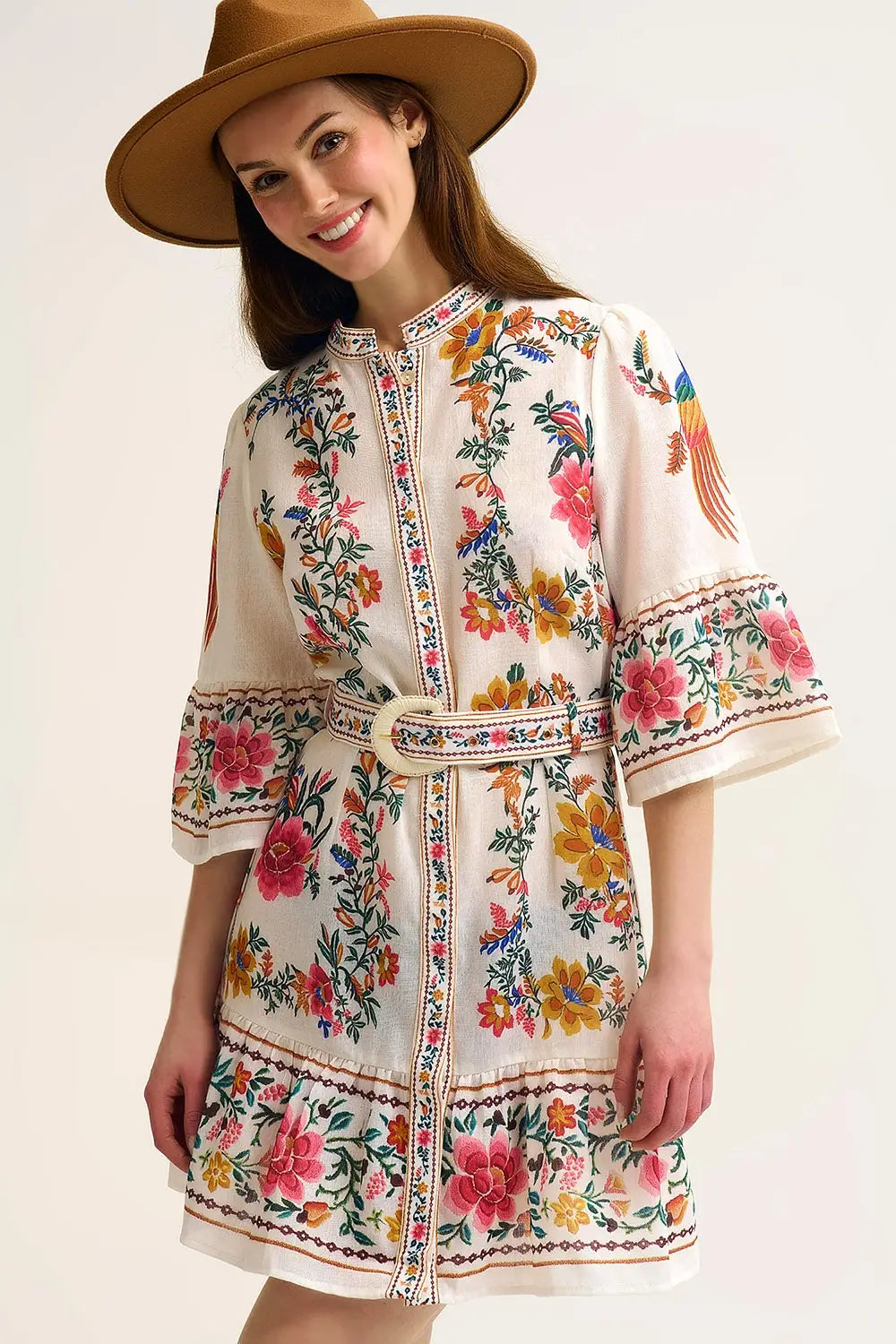 printed Floral Boho Mini Dress In white - Dresses