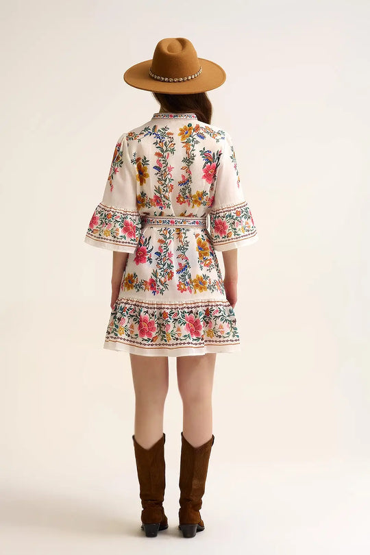 printed Floral Boho Mini Dress In white - Dresses
