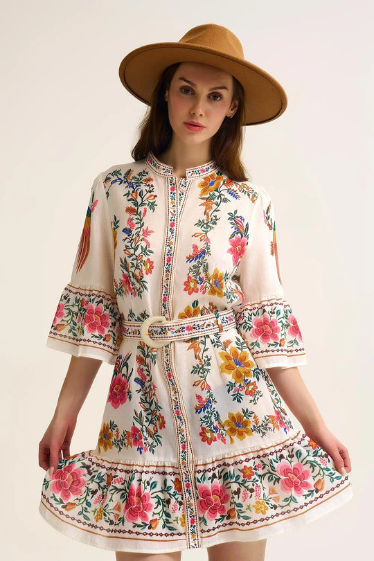 printed Floral Boho Mini Dress In white - Dresses