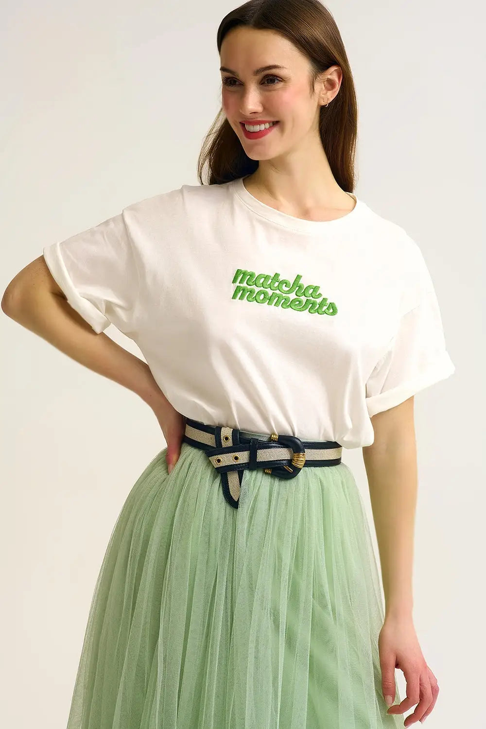 White Matcha Moments Embroidered Tee in Green - WHITE / ONE - T-Shirts