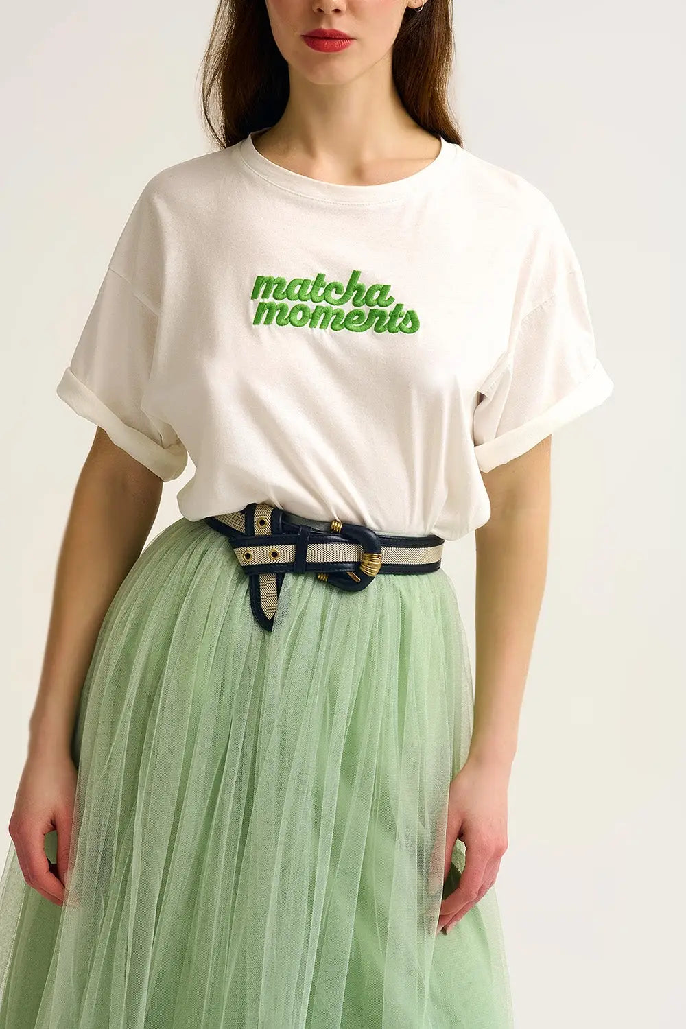 White Matcha Moments Embroidered Tee in Green - WHITE / ONE - T-Shirts