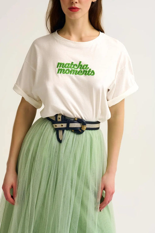 White Matcha Moments Embroidered Tee in Green - WHITE / ONE - T-Shirts