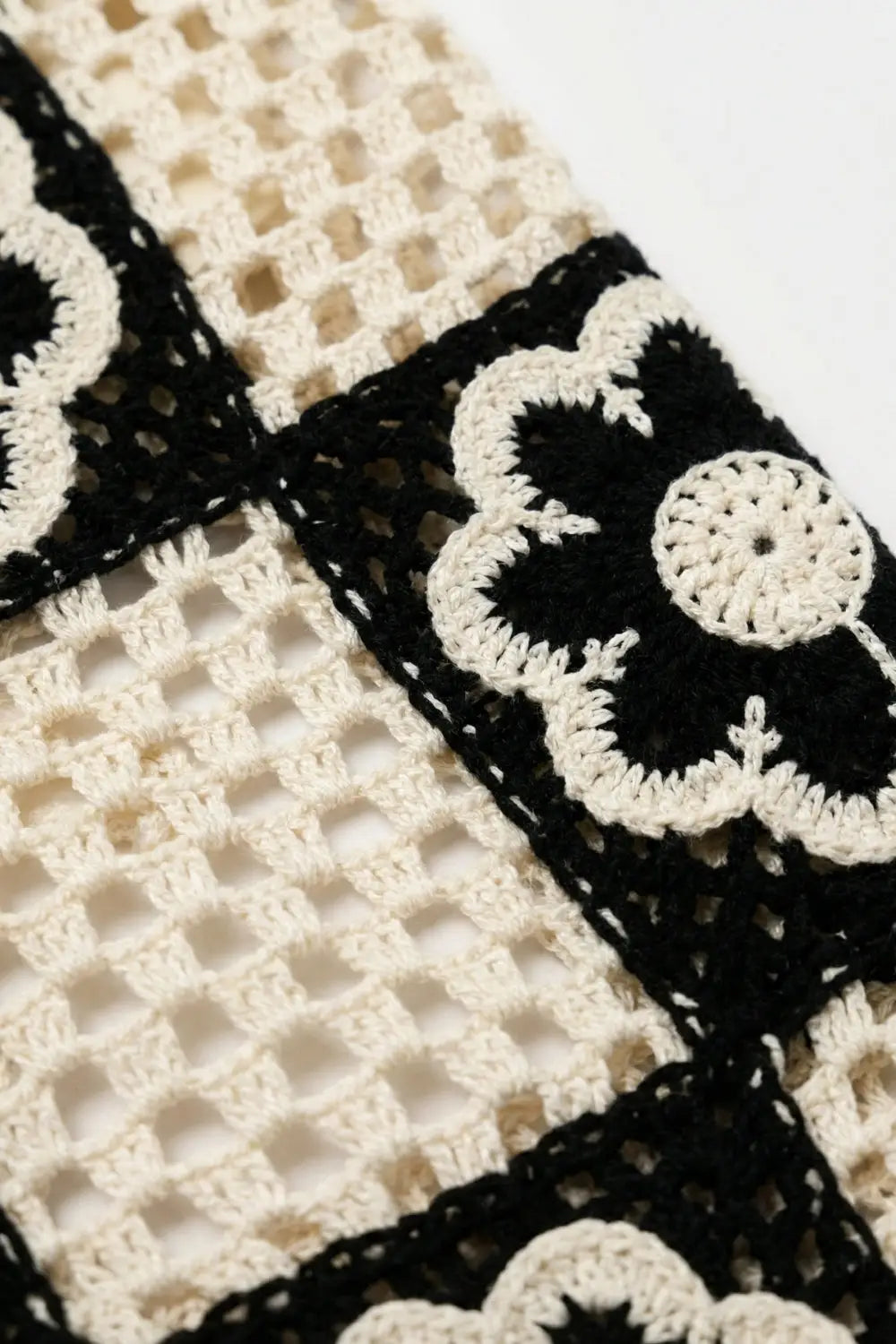 Black &amp; Cream Crochet Patchwork flare-Leg Pants with Floral Motif - Pants
