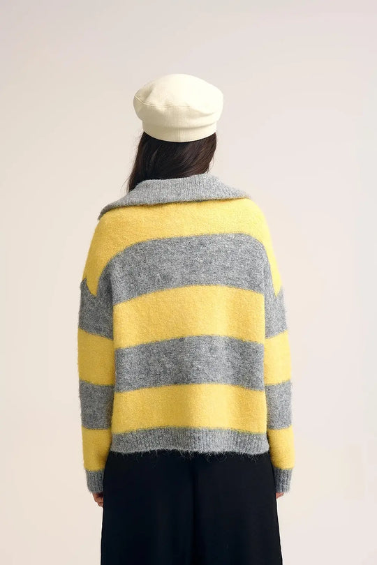 Yellow Fluffy Knitted Zip-Up Jacket with Gray Stripes - YELLOW / ONE - Cardigans