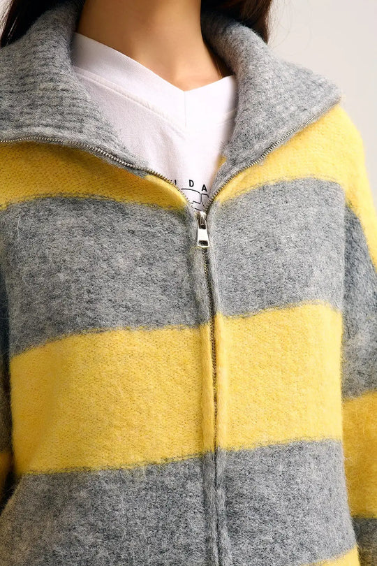 Yellow Fluffy Knitted Zip-Up Jacket with Gray Stripes - YELLOW / ONE - Cardigans