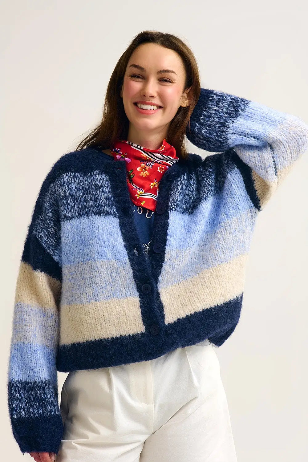 Navy Gradient Chunky Knit Cardigan with Soft Texture and Button Front - NAVY / ONE - Cardigans