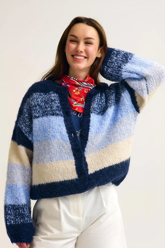 Navy Gradient Chunky Knit Cardigan with Soft Texture and Button Front - NAVY / ONE - Cardigans