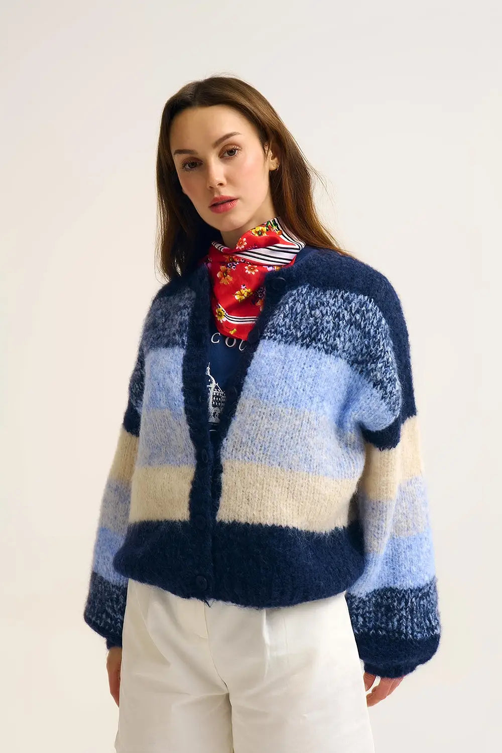Navy Gradient Chunky Knit Cardigan with Soft Texture and Button Front - NAVY / ONE - Cardigans