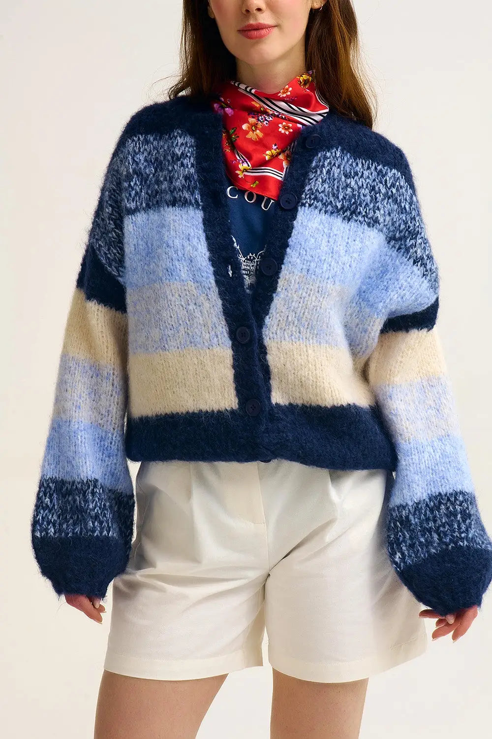 Navy Gradient Chunky Knit Cardigan with Soft Texture and Button Front - NAVY / ONE - Cardigans