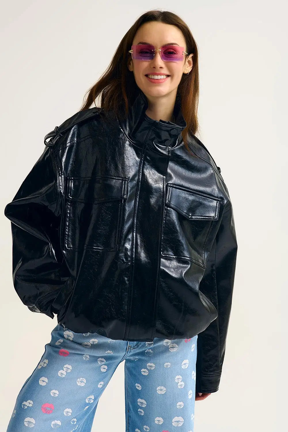 Shiny faux leather oversized Jacket in black - BLACK / ONE - Jackets