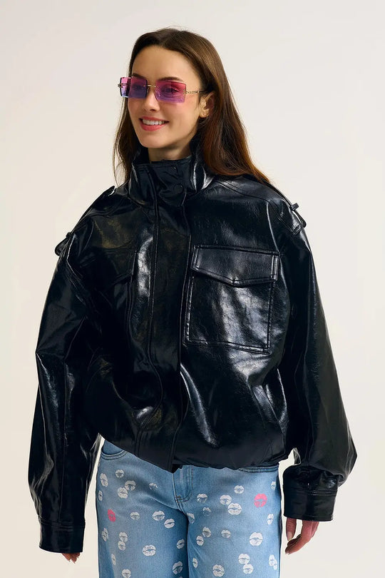 Shiny faux leather oversized Jacket in black - BLACK / ONE - Jackets