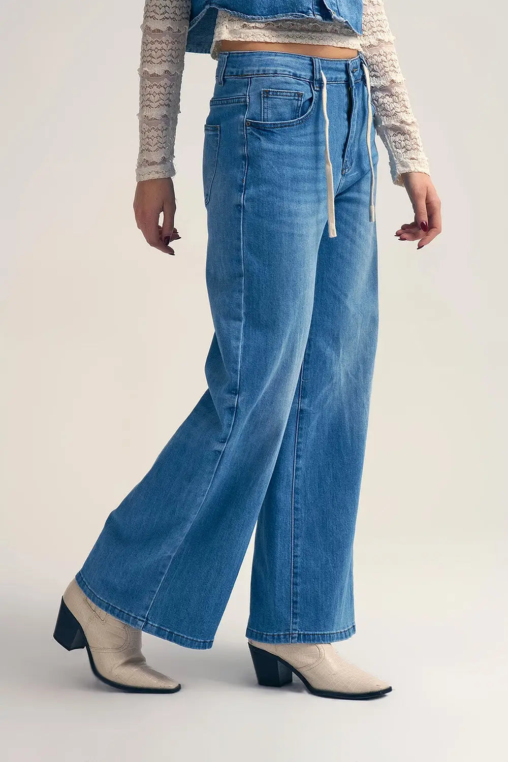 Light-Wash Wide-Leg Jeans with Drawstring Waist