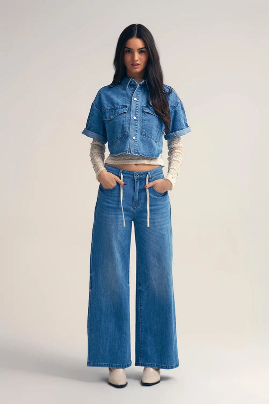 Light-Wash Wide-Leg Jeans with Drawstring Waist