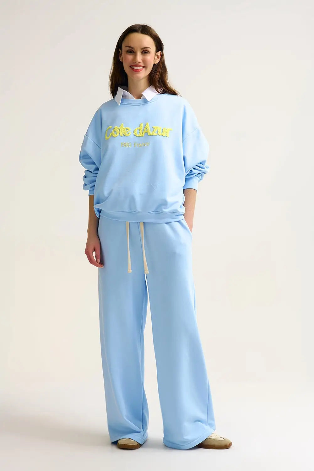 Baby Blue Knit Straight Fit Sweatpants with elastic waist and Tie - BLUE / ONE - Pants