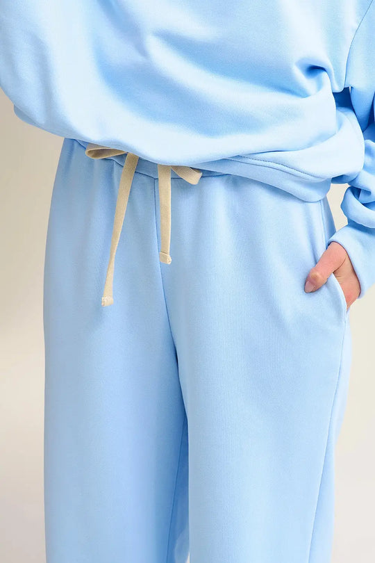 Baby Blue Knit Straight Fit Sweatpants with elastic waist and Tie - BLUE / ONE - Pants